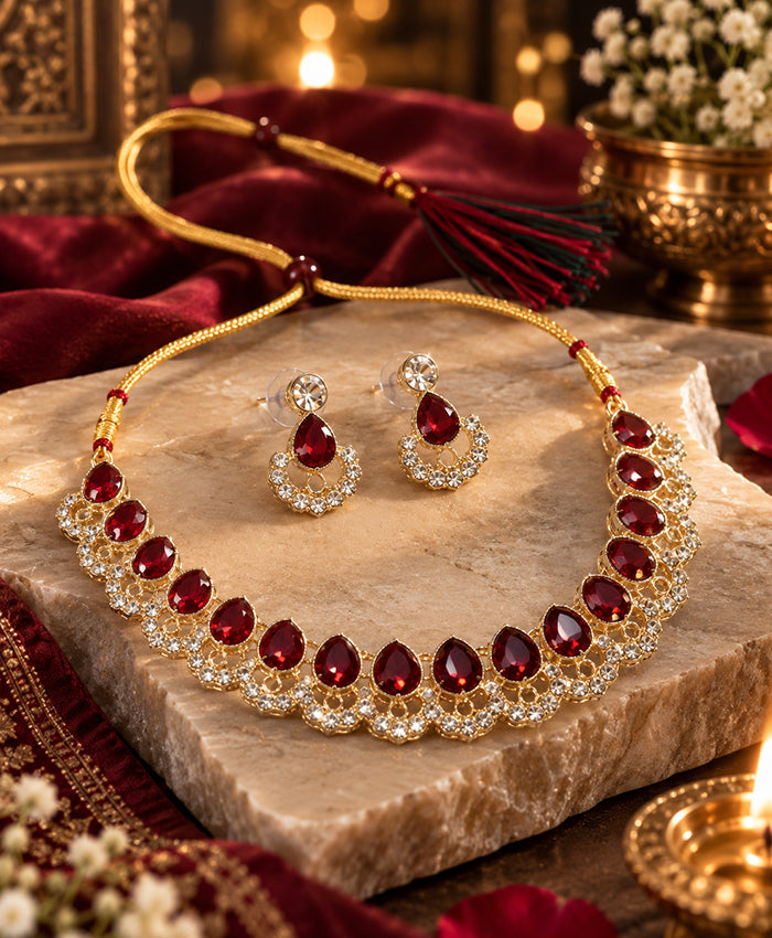 Ruby Red Teardrop Necklace & Matching Earrings Set