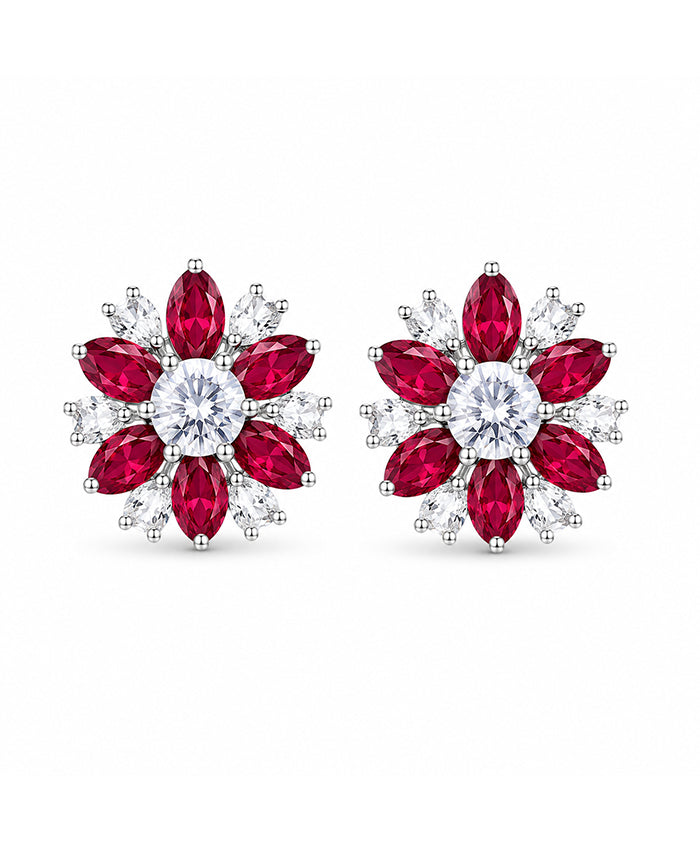 Ruby Red & Clear Crystal Floral Stud Earrings