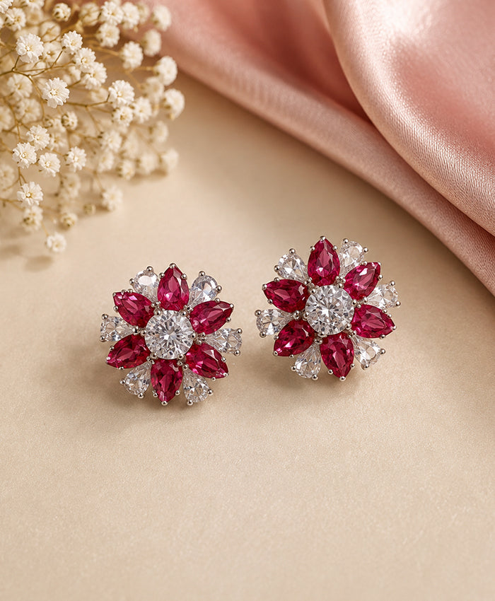 Ruby Red & Clear Crystal Floral Stud Earrings