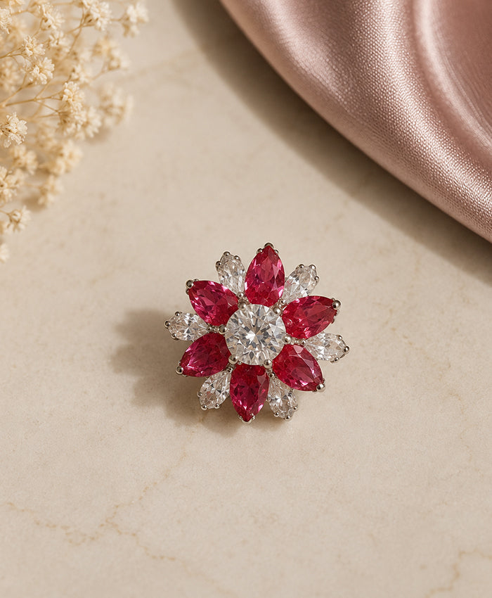 Ruby Red & Clear Crystal Floral Stud Earrings