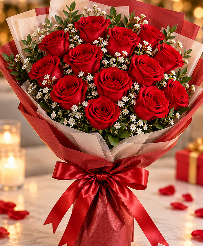 Signature Red Rose Bouquet – 12 Red Roses