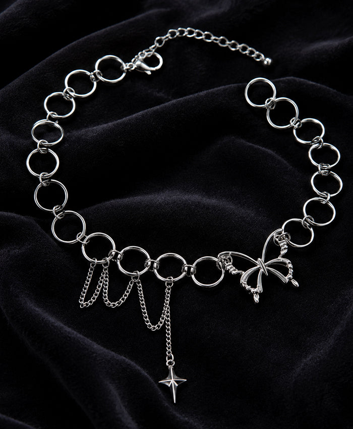 Silver Butterfly Circle-Link Choker Necklace with Dangling Star Charm