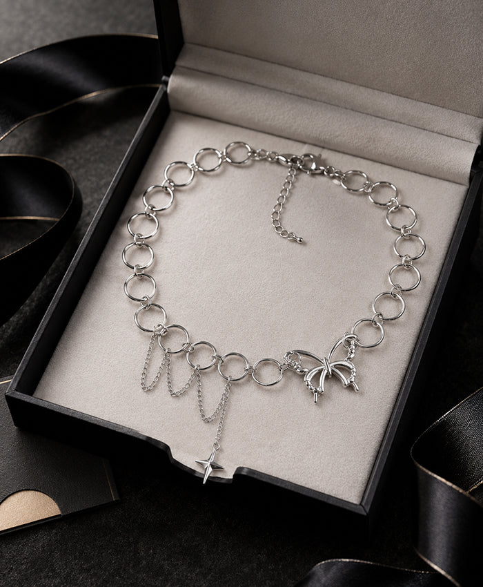 Silver Butterfly Circle-Link Choker Necklace with Dangling Star Charm