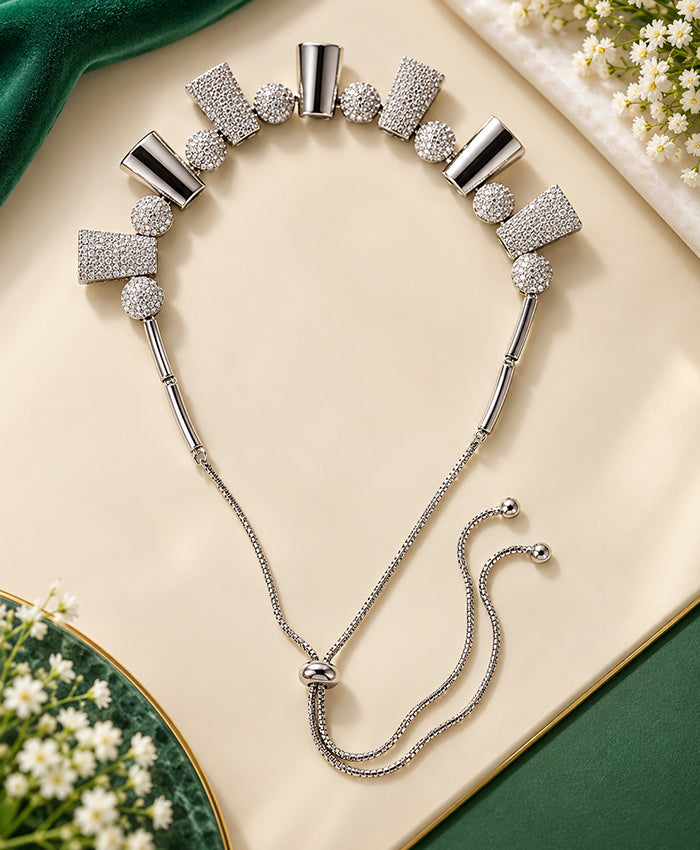 Silver Geometric Crystal Necklace & Earrings Set