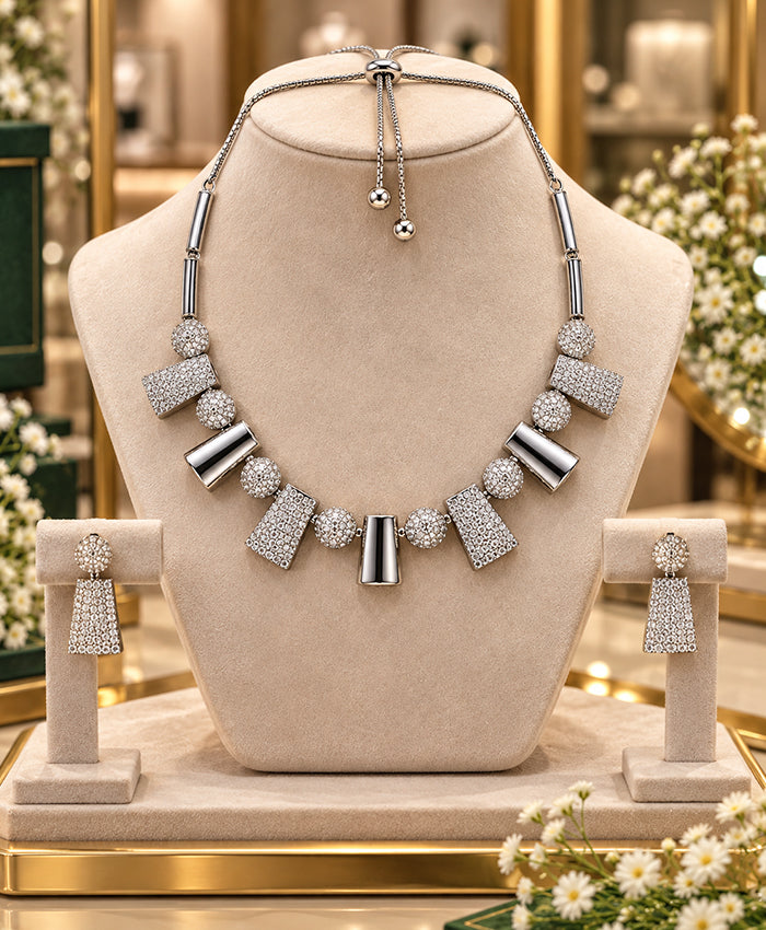 Silver Geometric Crystal Necklace & Earrings Set