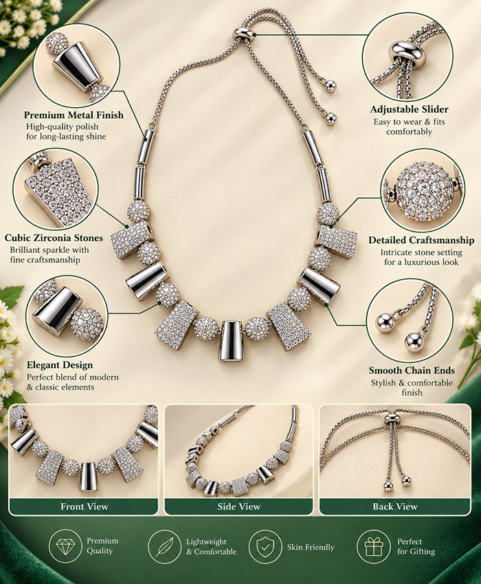 Silver Geometric Crystal Necklace & Earrings Set