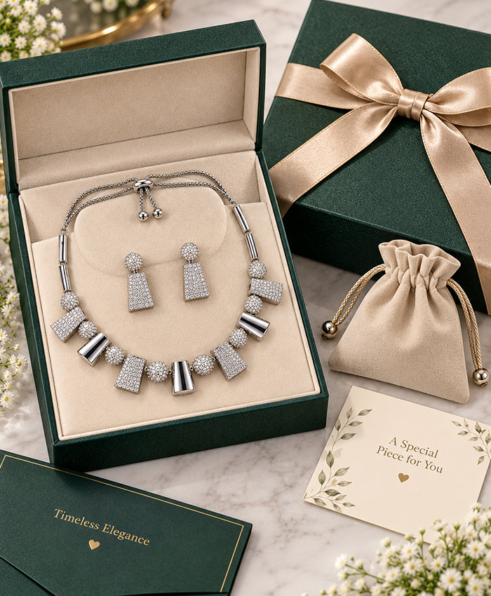 Silver Geometric Crystal Necklace & Earrings Set