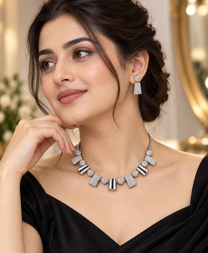Silver Geometric Crystal Necklace & Earrings Set