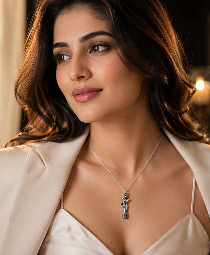 Silver-Tone Couple Embrace Pendant Necklace for Women