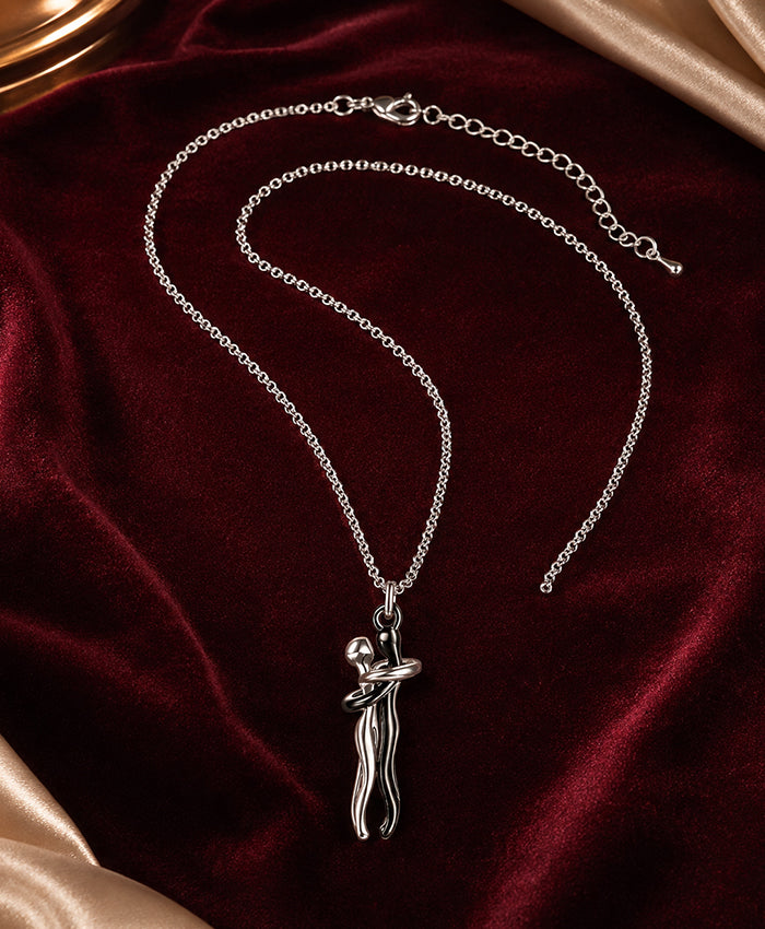 Silver-Tone Couple Embrace Pendant Necklace for Women