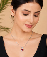 Silver-Tone Ruby Red Cushion Pendant Necklace