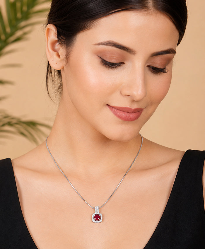 Silver-Tone Ruby Red Cushion Pendant Necklace
