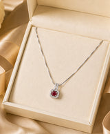 Silver-Tone Ruby Red Cushion Pendant Necklace