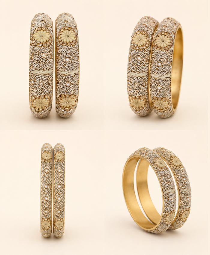 Silver Cream Floral Crystal Bangles