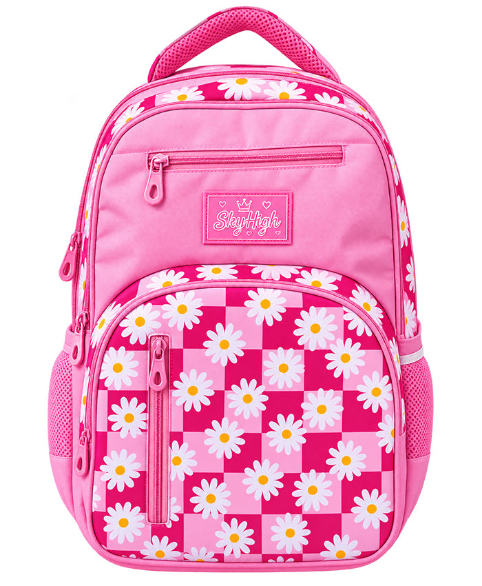 Sky High Daisy Charm Pink Checkered School Backpack for Girls