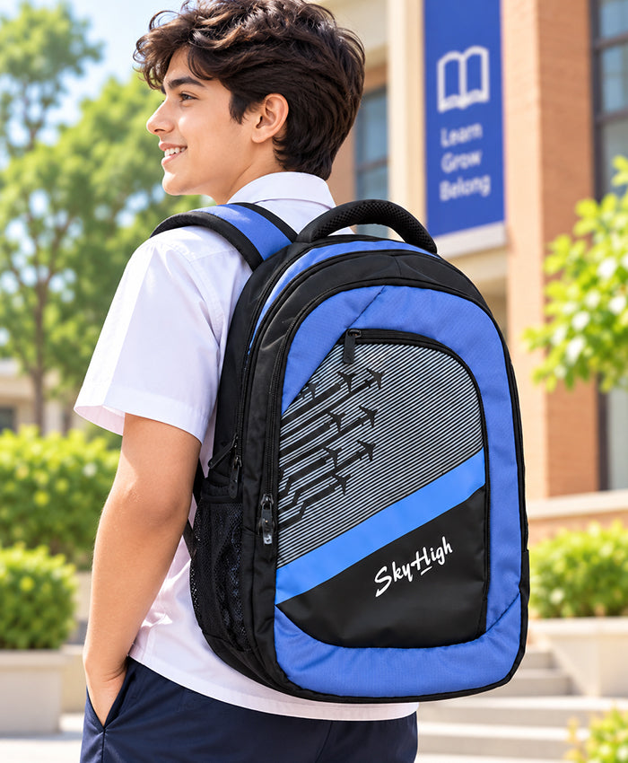 Sky High Royal Blue & Black Racing Print School Backpack