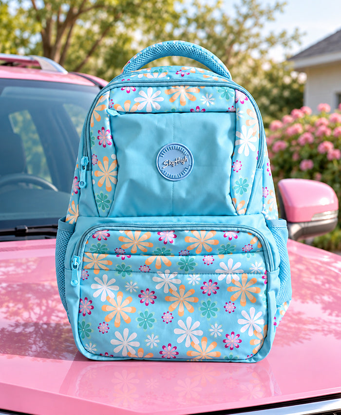 Sky High Sky Blue Floral Printed School Backpack