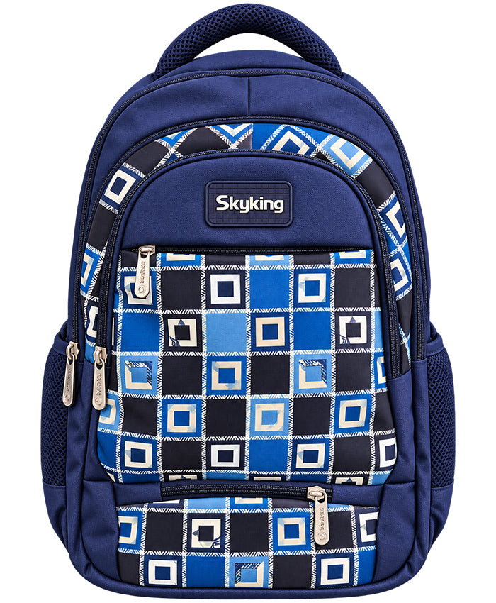 Sky High Skyking Geometric Check Navy Blue School Backpack