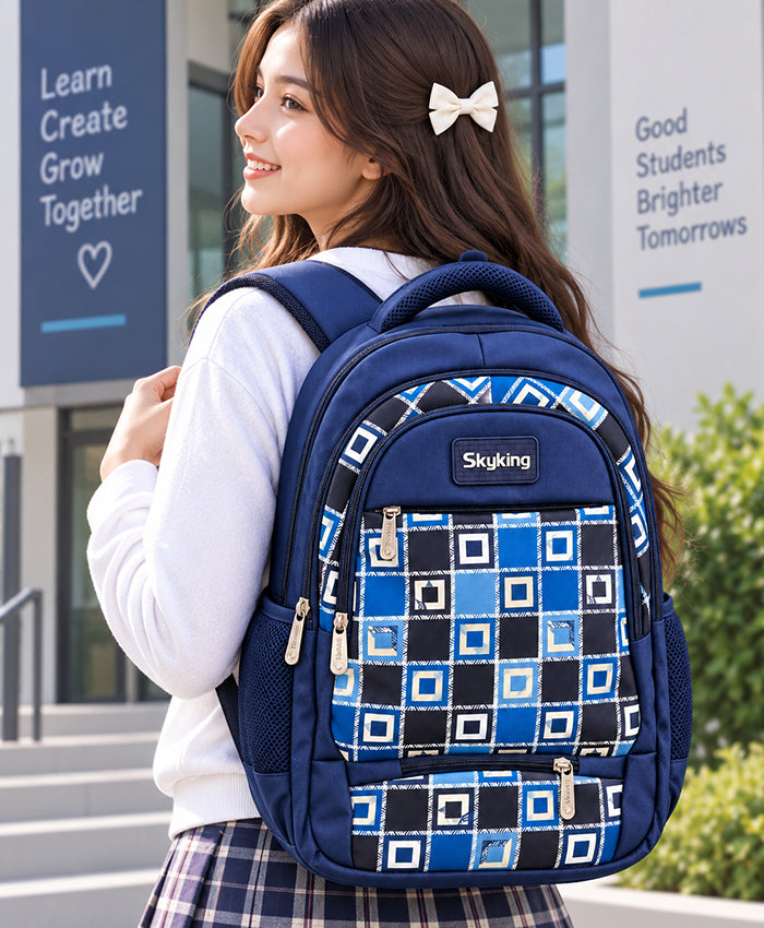 Sky High Skyking Geometric Check Navy Blue School Backpack