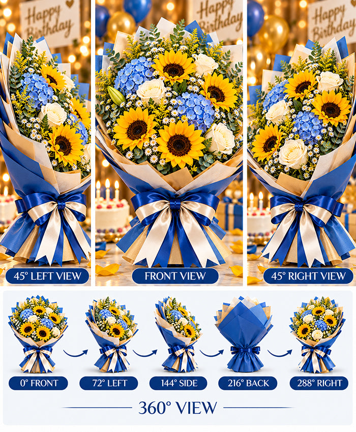 Sunflower & Blue Accent Bouquet – 6 Sunflowers + 6 Flowers