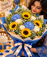 Sunflower & Blue Accent Bouquet – 6 Sunflowers + 6 Flowers