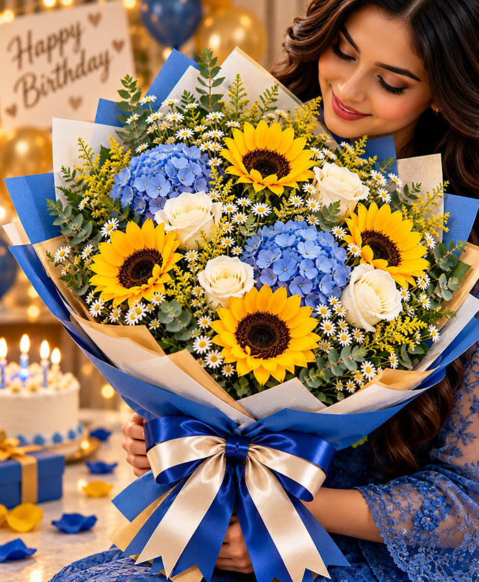 Sunflower & Blue Accent Bouquet – 6 Sunflowers + 6 Flowers