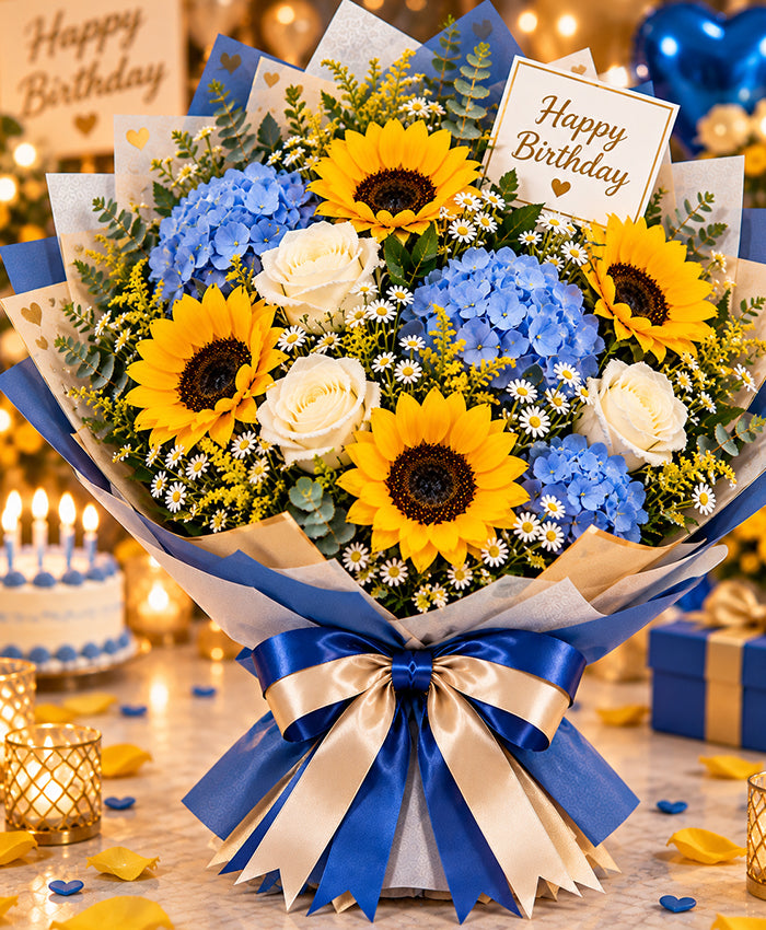 Sunflower & Blue Accent Bouquet – 6 Sunflowers + 6 Flowers
