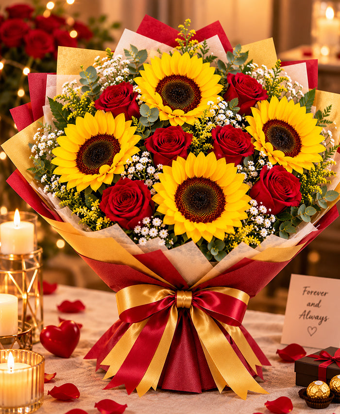 Sunflowers & Red Roses – 5 Sunflowers + 6 Red Roses