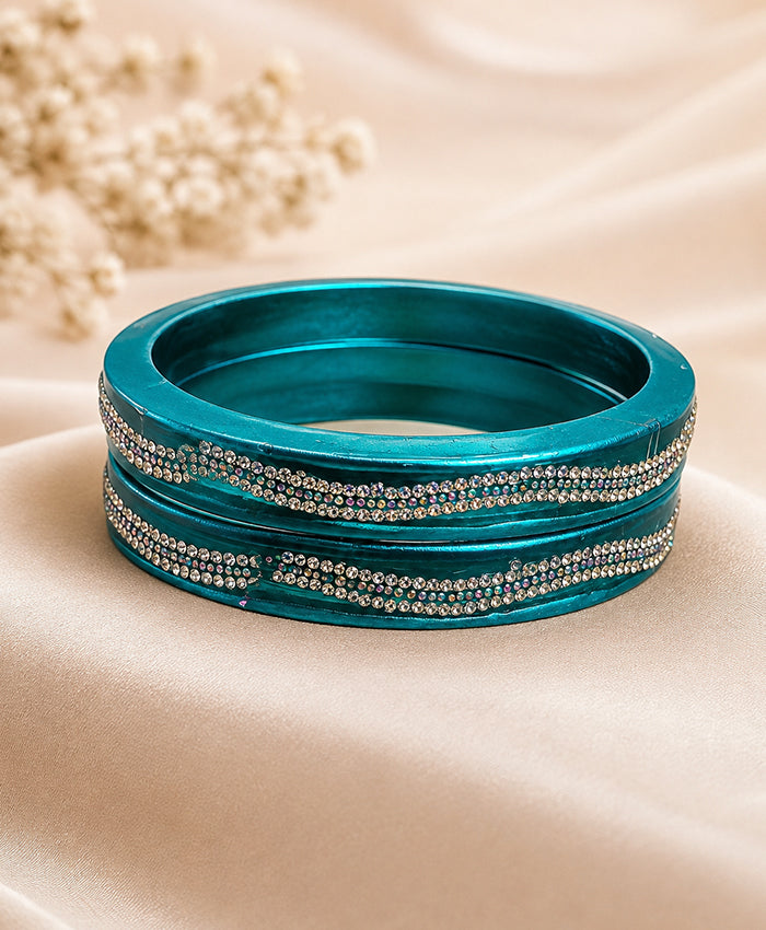 Teal Elegance Crystal-Studded Designer Lac Bangle Set