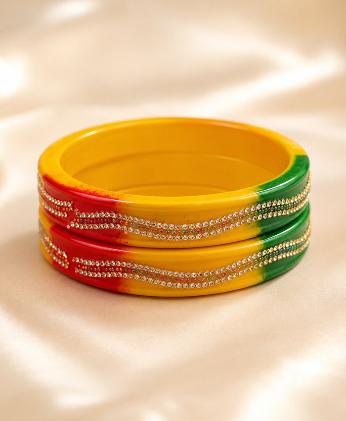 Tricolor Red Yellow Green Crystal-Embellished Designer Lac Bangle Set