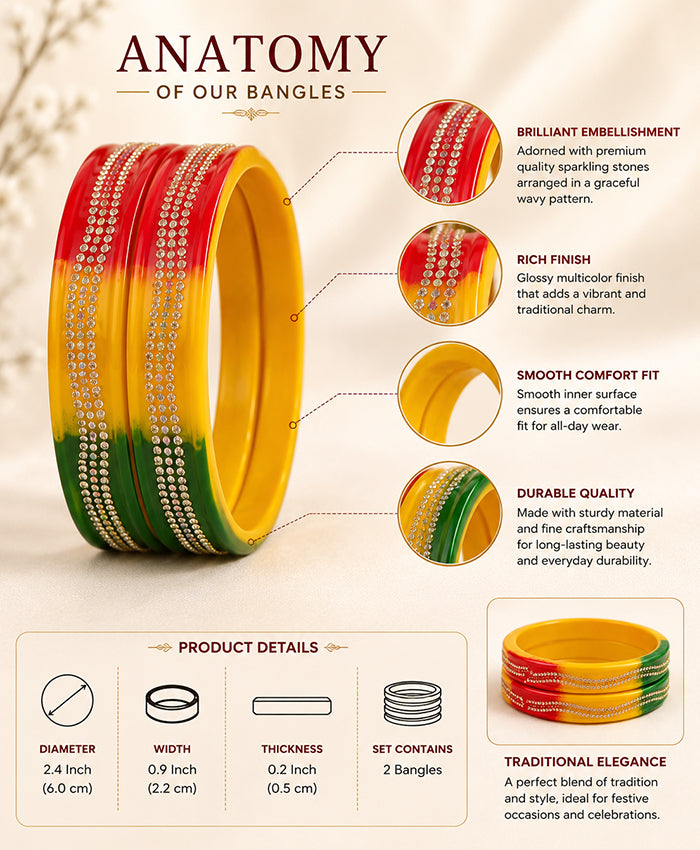Tricolor Red Yellow Green Crystal-Embellished Designer Lac Bangle Set