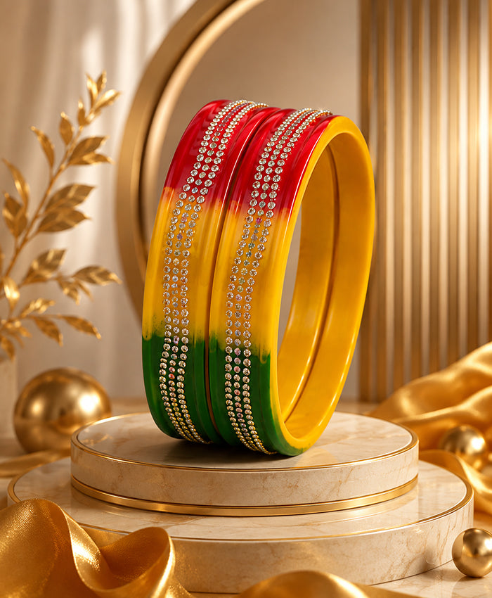 Tricolor Red Yellow Green Crystal-Embellished Designer Lac Bangle Set