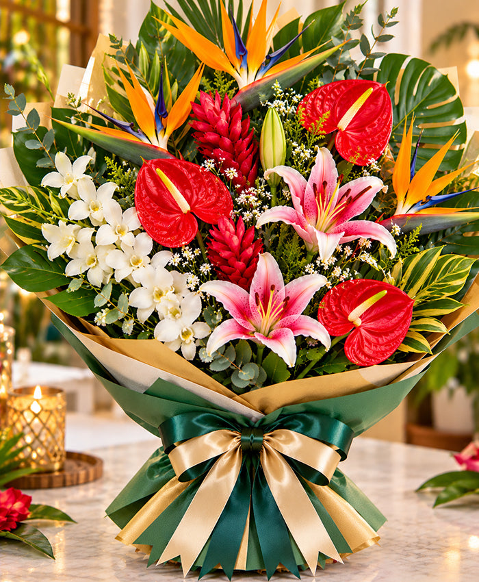 Tropical Greenery Bouquet – 10 Tropical Flowers