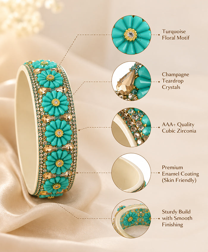 Turquoise Floral Embellished Designer Lac Bangle