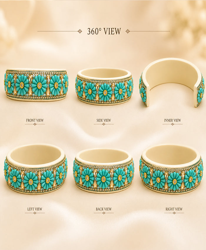 Turquoise Floral Embellished Designer Lac Bangle