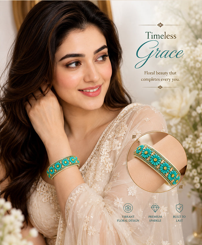 Turquoise Floral Embellished Designer Lac Bangle