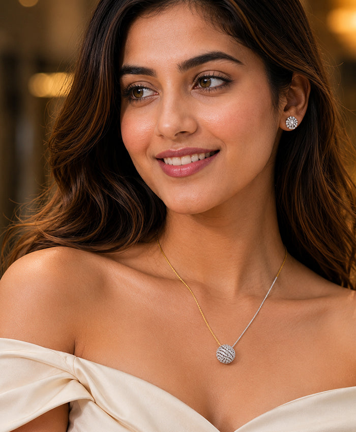 Two-Tone Pavé Ball Pendant Necklace & Stud Earrings Set – Elegant Fashion Jewellery
