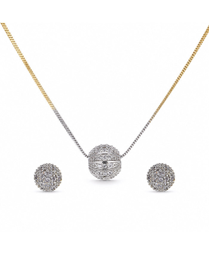 Two-Tone Pavé Ball Pendant Necklace & Stud Earrings Set – Elegant Fashion Jewellery