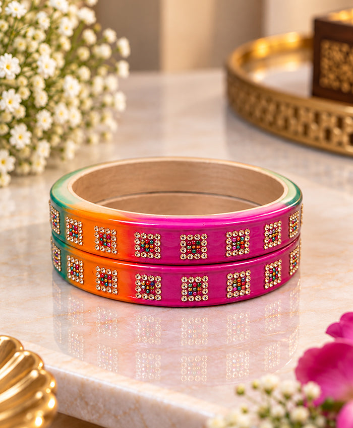 Vibrant Multicolor Rhinestone Lac Bangle Set
