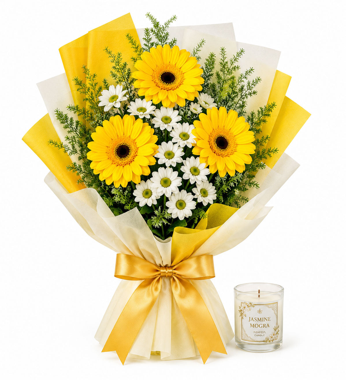 Yellow & White Flower Bouquet with Jasmine Mogra Candle