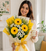 Yellow & White Flower Bouquet with Jasmine Mogra Candle