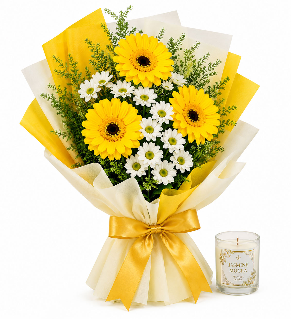 Yellow & White Flower Bouquet with Jasmine Mogra Candle