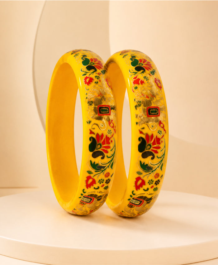Yellow Floral Enamel Lac Bangles