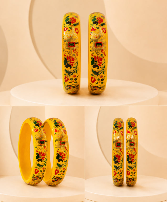 Yellow Floral Enamel Lac Bangles