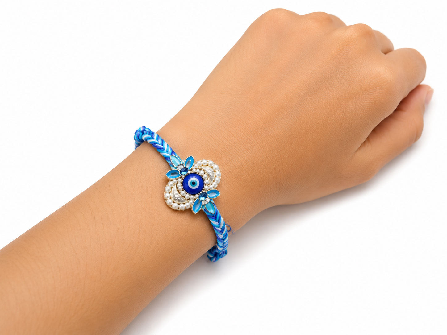 Blue Evil Eye Designer Rakhi with Pearl Accents
