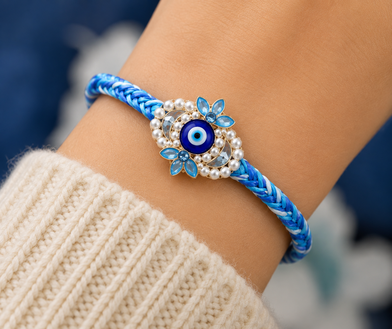 Blue Evil Eye Designer Rakhi with Pearl Accents