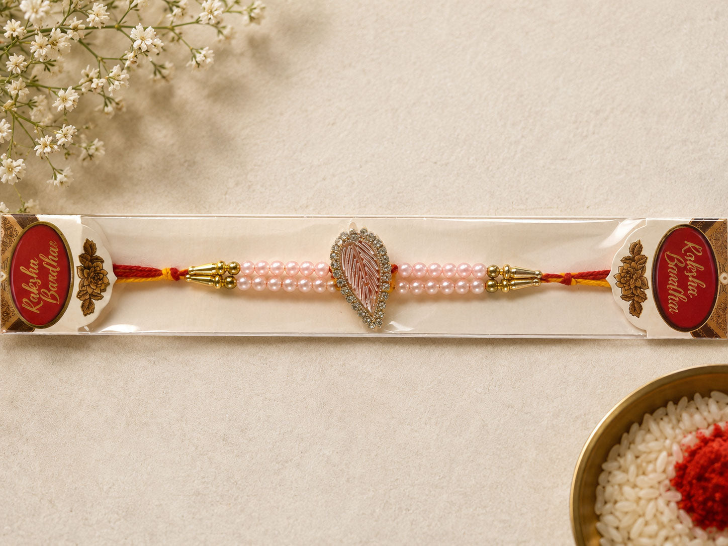 Blush Pearl Leaf Designer Rakhi