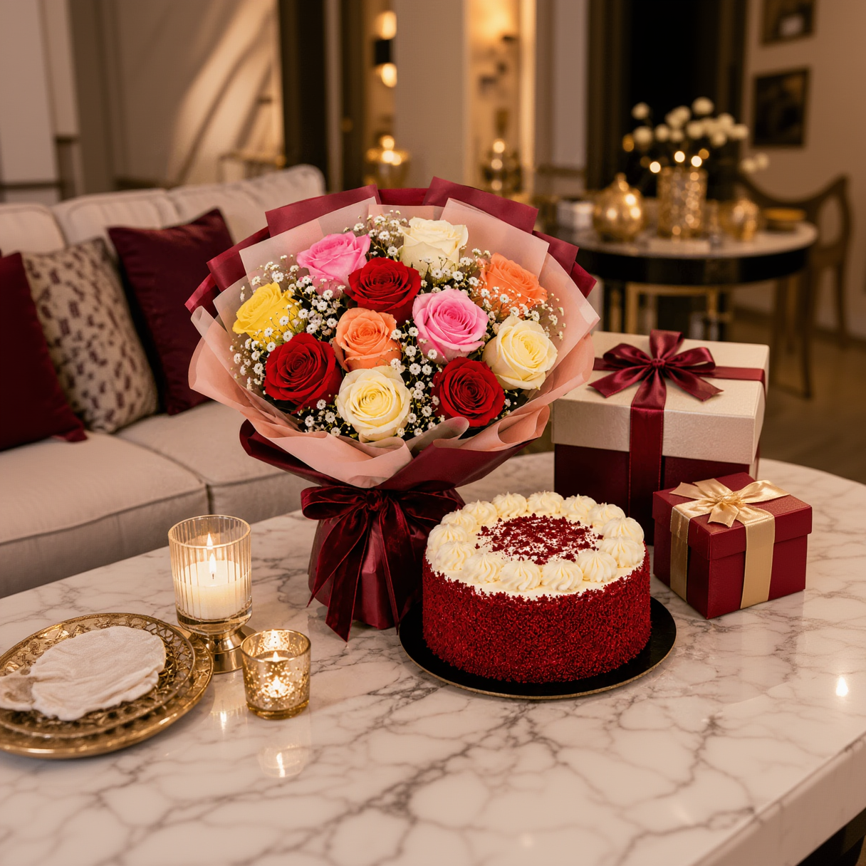 Celebration Blooms & Red Velvet Cake Combo