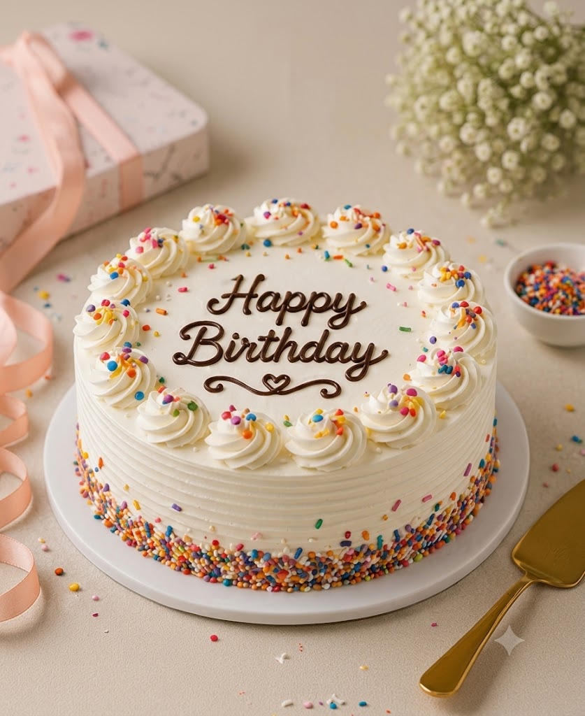 Classic Happy Birthday Vanilla Cream Cake
