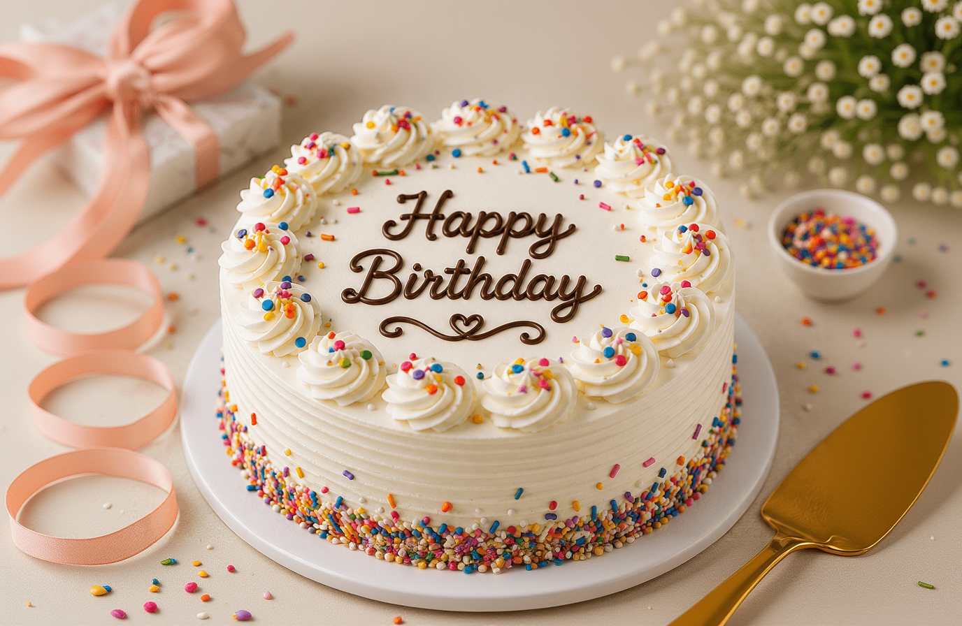 Classic Happy Birthday Vanilla Cream Cake